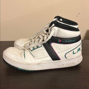 L.A. Gear White and Black Sneakers with Teal and Pink Accents